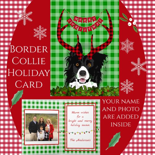 Border Collie with Antlers Merry Christmas Card