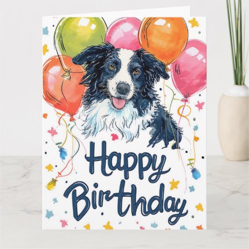 Border Collie with Balloons Card