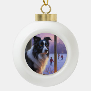 Border Collie With Christmas Lights Holiday Ceramic Ball Christmas Ornament