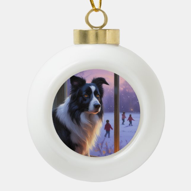 Border Collie With Christmas Lights Holiday Ceramic Ball Christmas Ornament (Front)