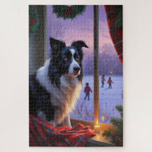 Border Collie With Christmas Lights Holiday Jigsaw Puzzle