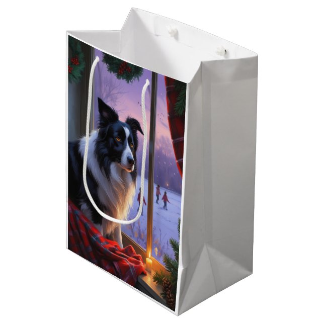 Border Collie With Christmas Lights Holiday Medium Gift Bag (Front Angled)