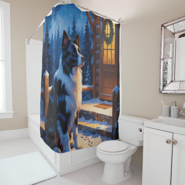 Border Collie With Christmas Lights Holiday Shower Curtain (In Situ)