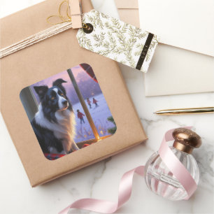 Border Collie With Christmas Lights Holiday Square Sticker