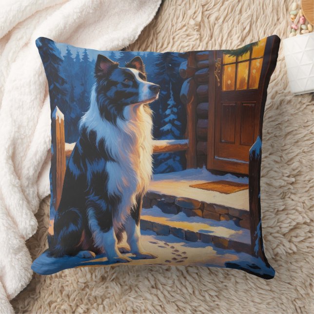 Border Collie With Christmas Lights Holiday Throw Pillow (Blanket)