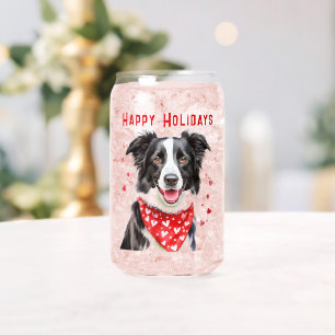 Border Collie with Red Heart Bandana Christmas Can Glass