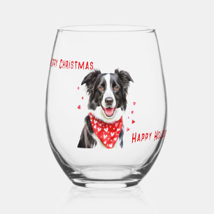 Border Collie with Red Heart Bandana Christmas Stemless Wine Glass
