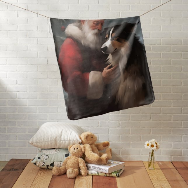 Border Collie With Santa Claus Festive Christmas Baby Blanket (In Situ)
