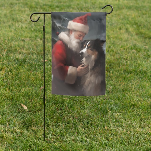 Border Collie With Santa Claus Festive Christmas Garden Flag (In SItu)