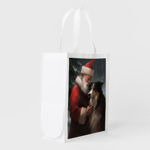 Border Collie With Santa Claus Festive Christmas Grocery Bag