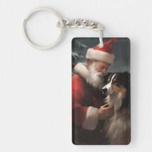Border Collie With Santa Claus Festive Christmas Keychain