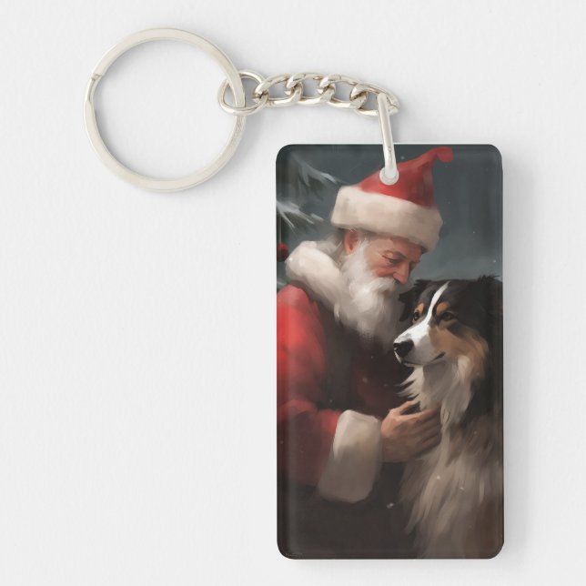 Border Collie With Santa Claus Festive Christmas Keychain (Front)