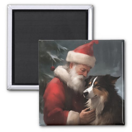 Border Collie With Santa Claus Festive Christmas Magnet