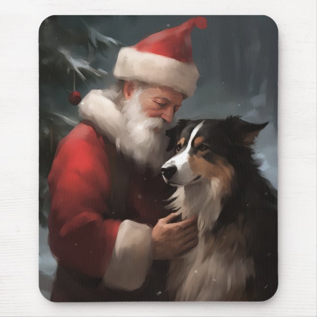 Border Collie With Santa Claus Festive Christmas Mouse Pad (Front)