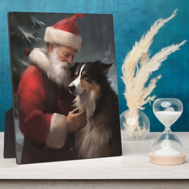Border Collie With Santa Claus Festive Christmas Plaque (Side)
