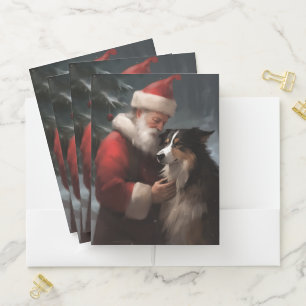 Border Collie With Santa Claus Festive Christmas Pocket Folder