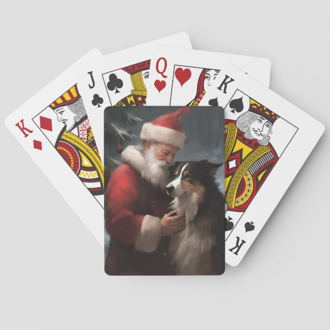 Border Collie With Santa Claus Festive Christmas Poker Cards (Back)