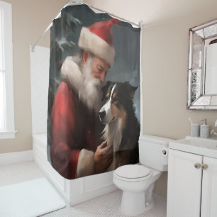 Border Collie With Santa Claus Festive Christmas Shower Curtain