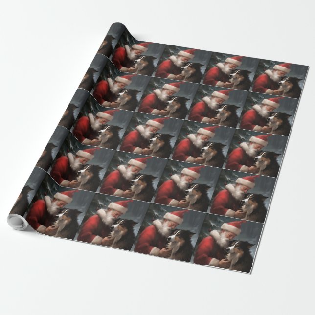 Border Collie With Santa Claus Festive Christmas Wrapping Paper (Unrolled)