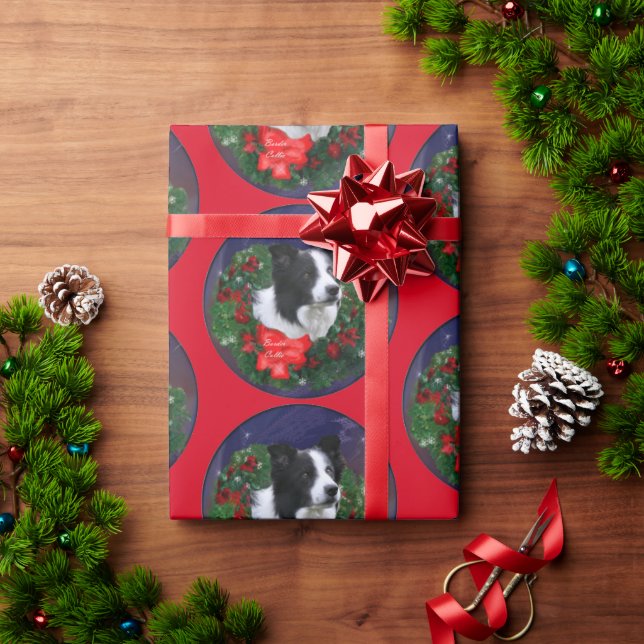 Border Collie Wreath Christmas Wrapping Paper (Holiday Gift)