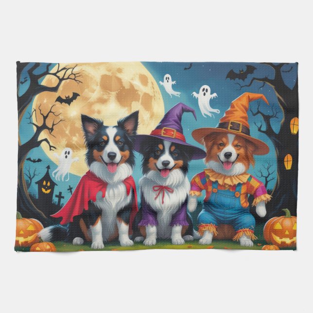 Border Collies Dogs Pumpkin Halloween Funny Kitchen Towel (Horizontal)