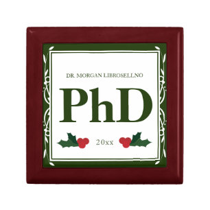 Border Green Holly Name Year PhD Graduation Gift Box