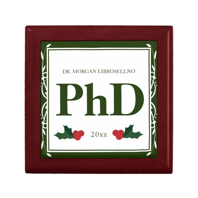 Border Green Holly Name Year PhD Graduation Gift Box (Front)