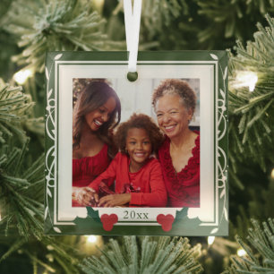 Border Green White Holly Family Christmas Glass Ornament