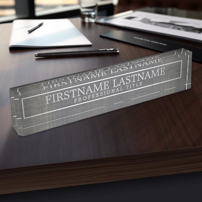 Border Grey Linen Basic Name & Professional Title Desk Name Plate (Personalized Name Plate - Executive and Professional Designs)