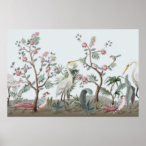 Border in chinoiserie style with storks and peonie poster