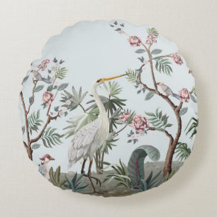 Border in chinoiserie style with storks and peonie round pillow