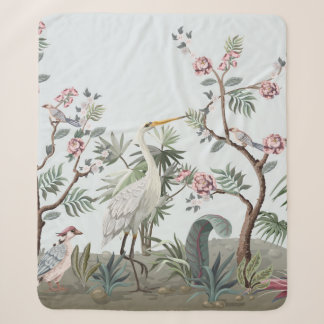Border in chinoiserie style with storks and peonie sherpa blanket