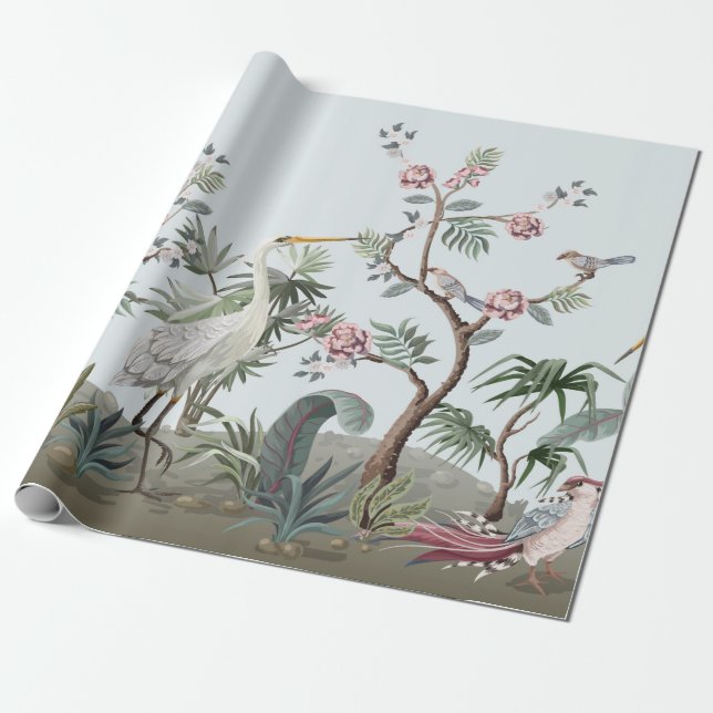 Border in chinoiserie style with storks and peonie wrapping paper (Unrolled)