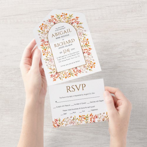 Border of leaves and berries brown wedding all in one invitation