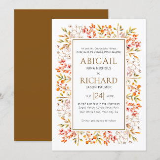 Border of leaves and berries brown wedding invitation