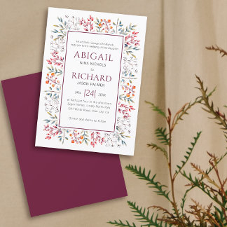 Border of leaves and berries burgundy wedding invitation