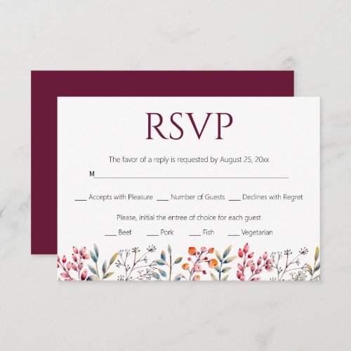 Border of leaves and berries burgundy wedding RSVP card