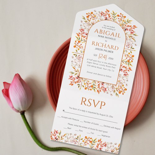 Border of leaves and berries burnt orange wedding all in one invitation