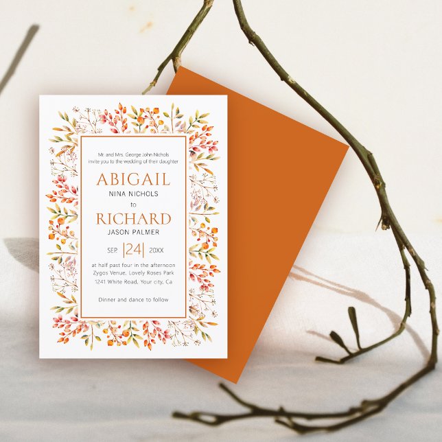Border of leaves and berries burnt orange wedding invitation (Creator Uploaded)