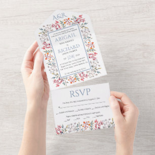 Border of leaves and berries dusty blue wedding al all in one invitation