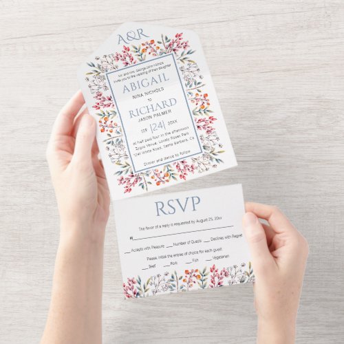 Border of leaves and berries dusty blue wedding al all in one invitation