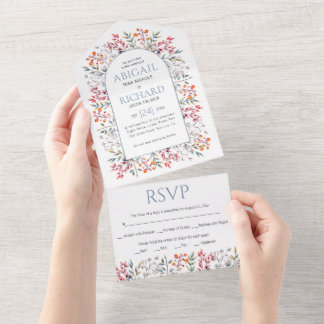 Border of leaves and berries dusty blue wedding all in one invitation