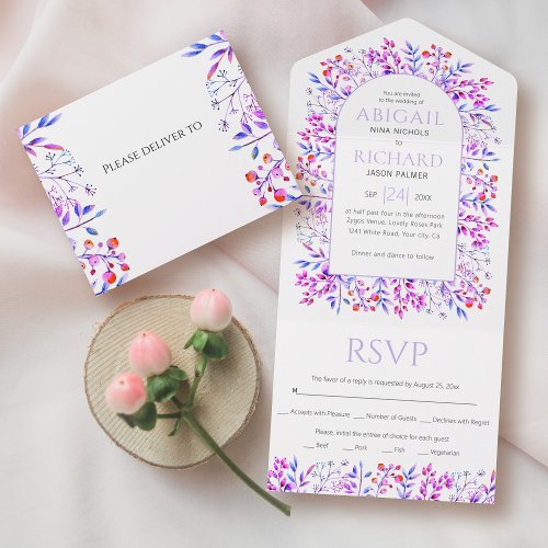 Border of leaves and berries lavender wedding all in one invitation