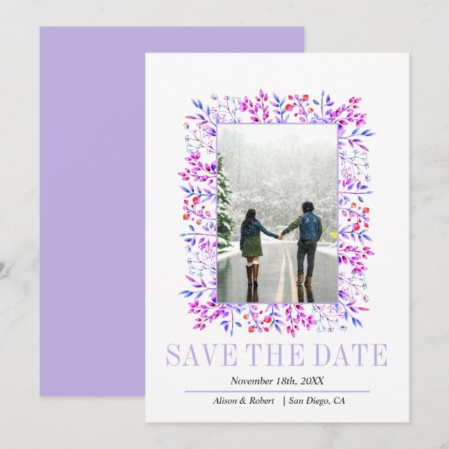 Border of leaves and berries lavender wedding save the date (Front/Back)