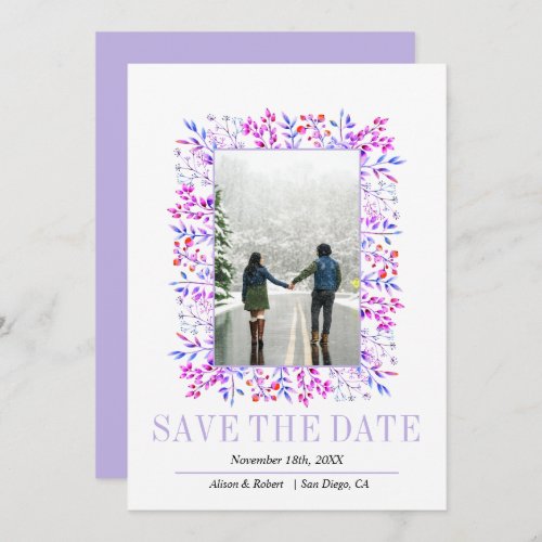 Border of leaves and berries lavender wedding save the date