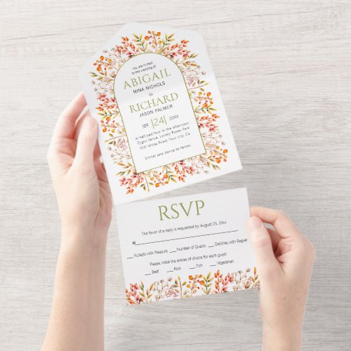 Border of leaves and berries olive green wedding all in one invitation