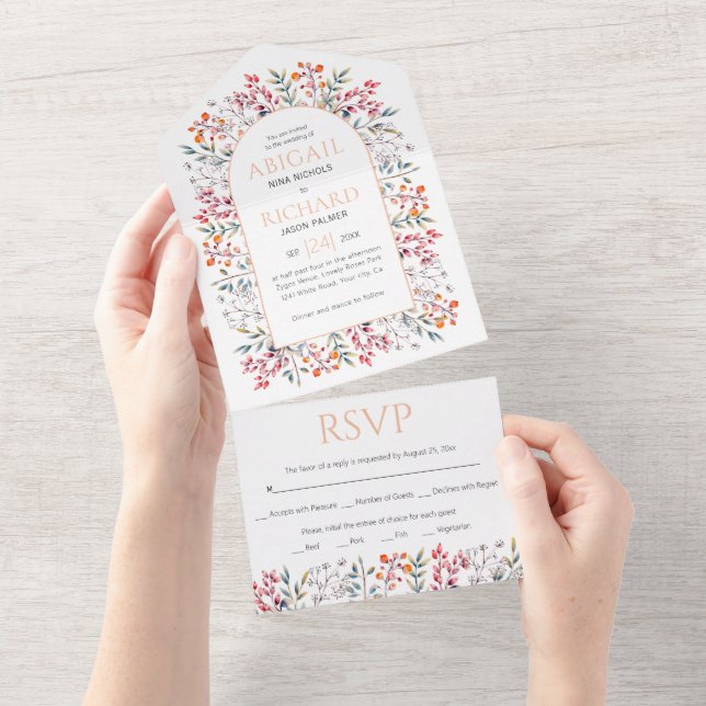 Border of leaves and berries peach wedding all in one invitation (Tearaway)