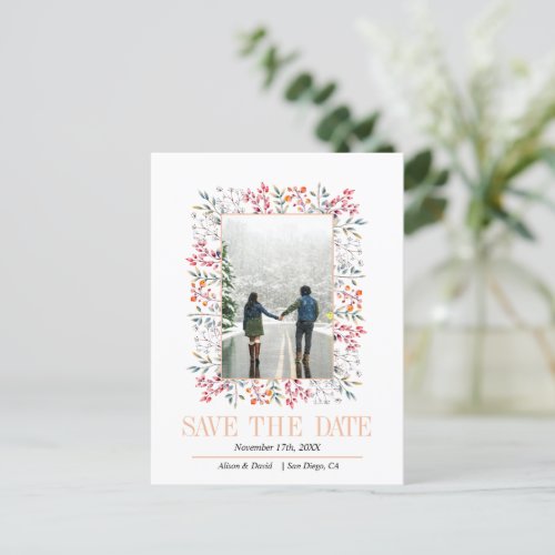 Border of leaves and berries peach wedding announcement postcard