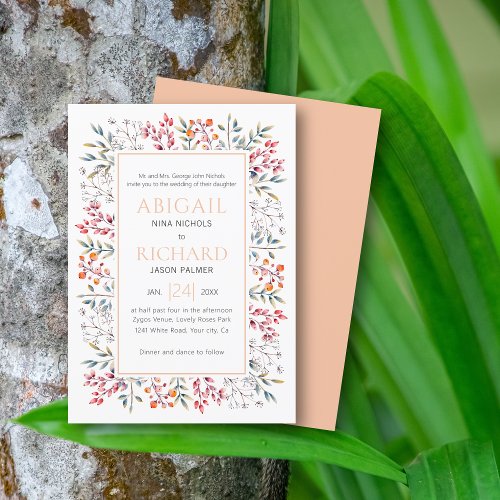 Border of leaves and berries peach wedding invitation