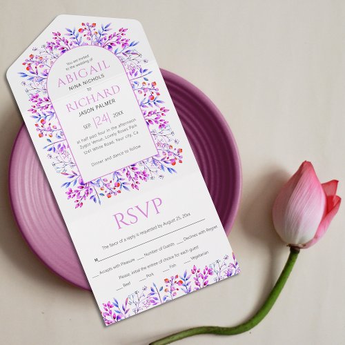 Border of leaves and berries pink purple wedding all in one invitation